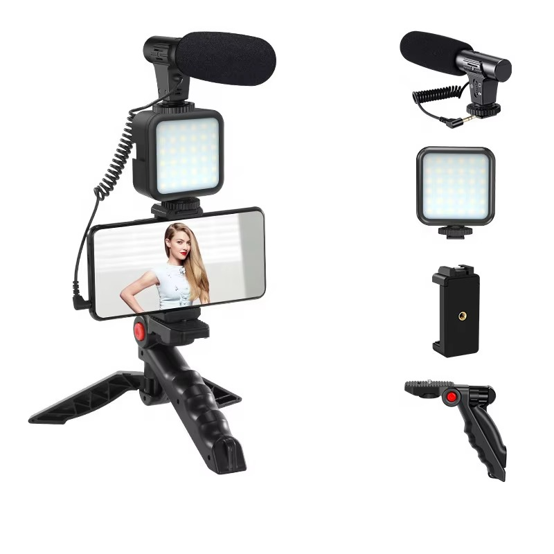 KIT DE VLOGGING CON MICRÓFONO, TRÍPODE Y LUZ LED PARA SMARTPHONE Y CÁMARA