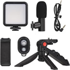 KIT DE VLOGGING CON MICRÓFONO, TRÍPODE Y LUZ LED PARA SMARTPHONE Y CÁMARA