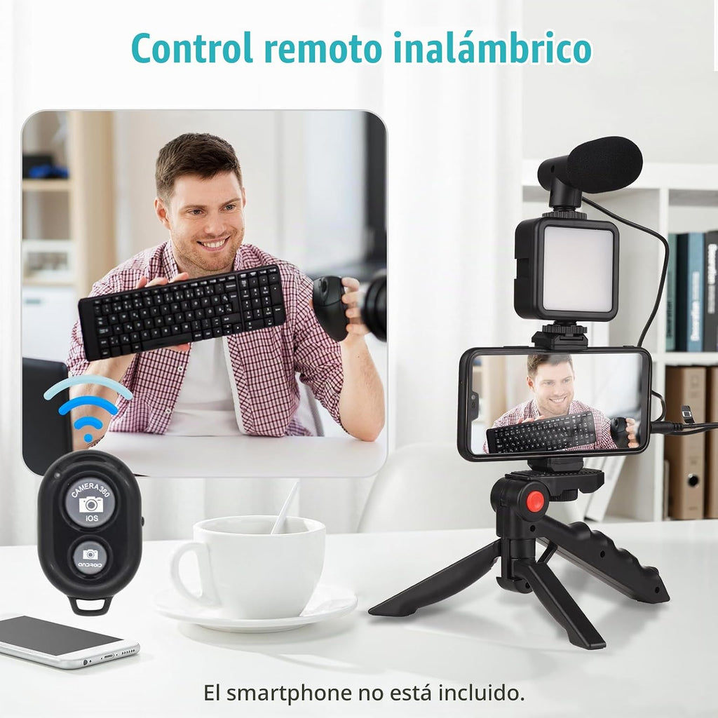 KIT DE VLOGGING CON MICRÓFONO, TRÍPODE Y LUZ LED PARA SMARTPHONE Y CÁMARA