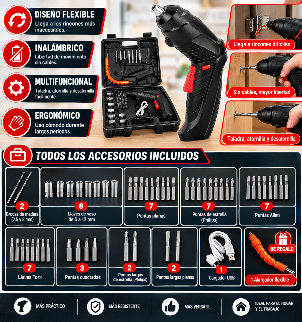 Destornillador Eléctrico Inalámbrico 3.6V – 47 Accesorios