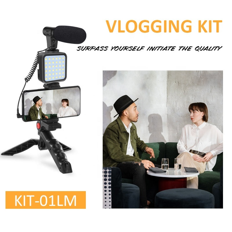 KIT DE VLOGGING CON MICRÓFONO, TRÍPODE Y LUZ LED PARA SMARTPHONE Y CÁMARA